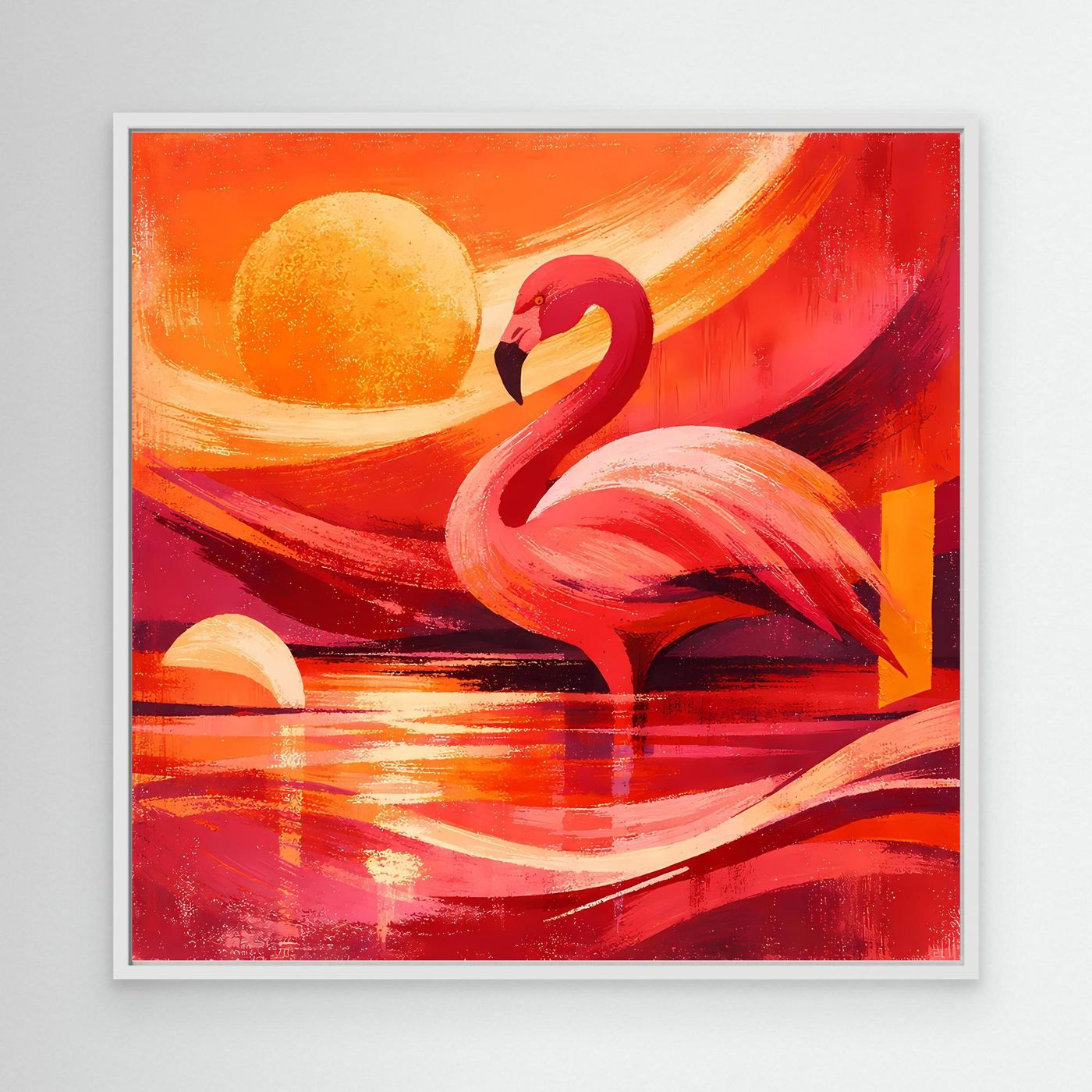 Modernes Leinwand-Wandbild im weißen Rahmen: roter Flamingo und gelbe Sonne über rotem Wasser