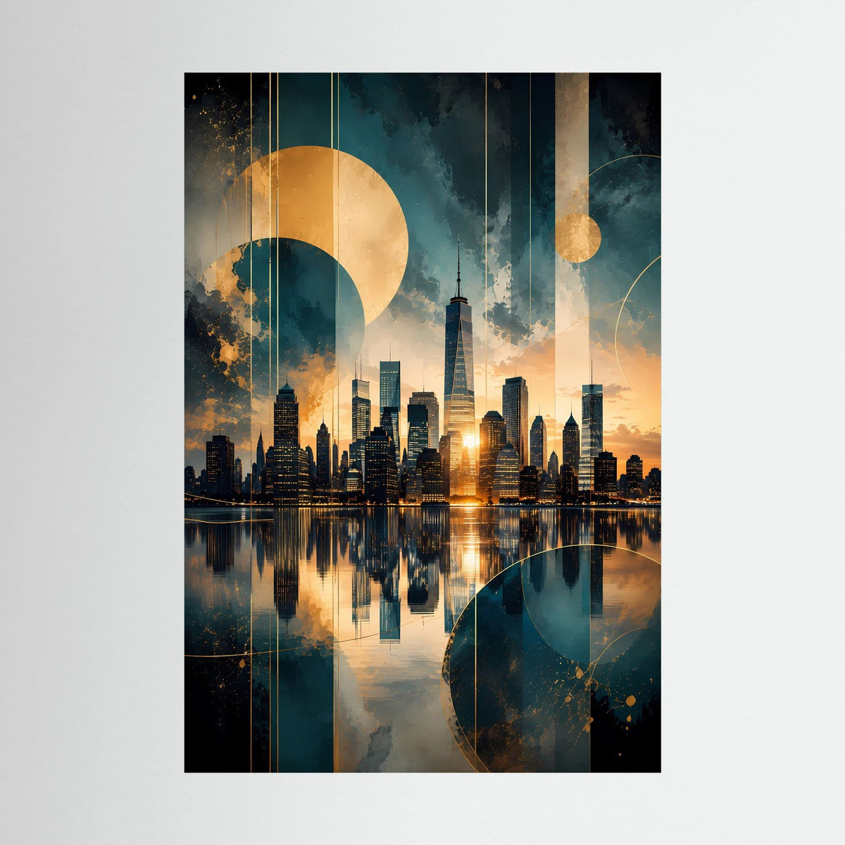 Poster im Hochformat mit abstrakter Manhattan-Skyline in Gold und Petrol, ohne Rahmen