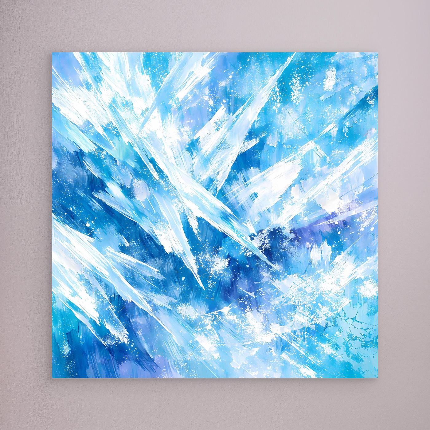 Quadratisches Leinwand-Wandbild mit abstrakten Eiskristallen in Blau, ohne sichtbaren Rahmen