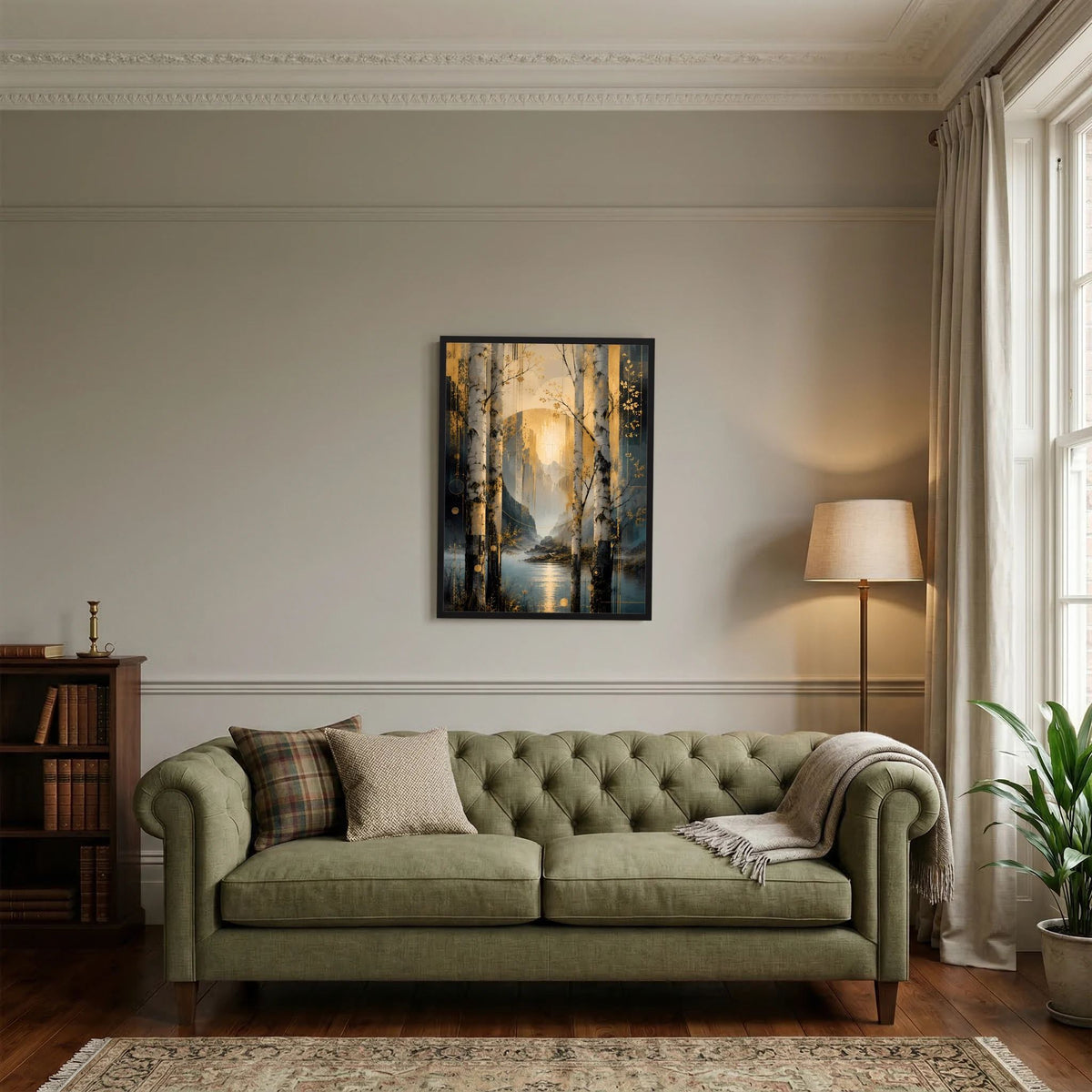 Gerahmtes Poster mit Birkenlandschaft am Wasser, goldener Lichtschein, Petrolakzente