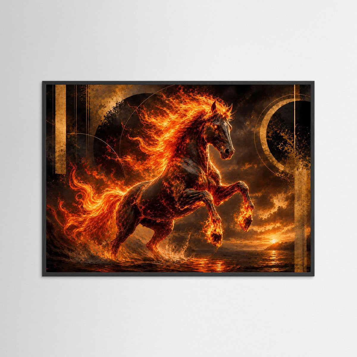 Gerahmtes Poster im Querformat: mystisches Flammenpferd in Schwarz, Gold und Orange.