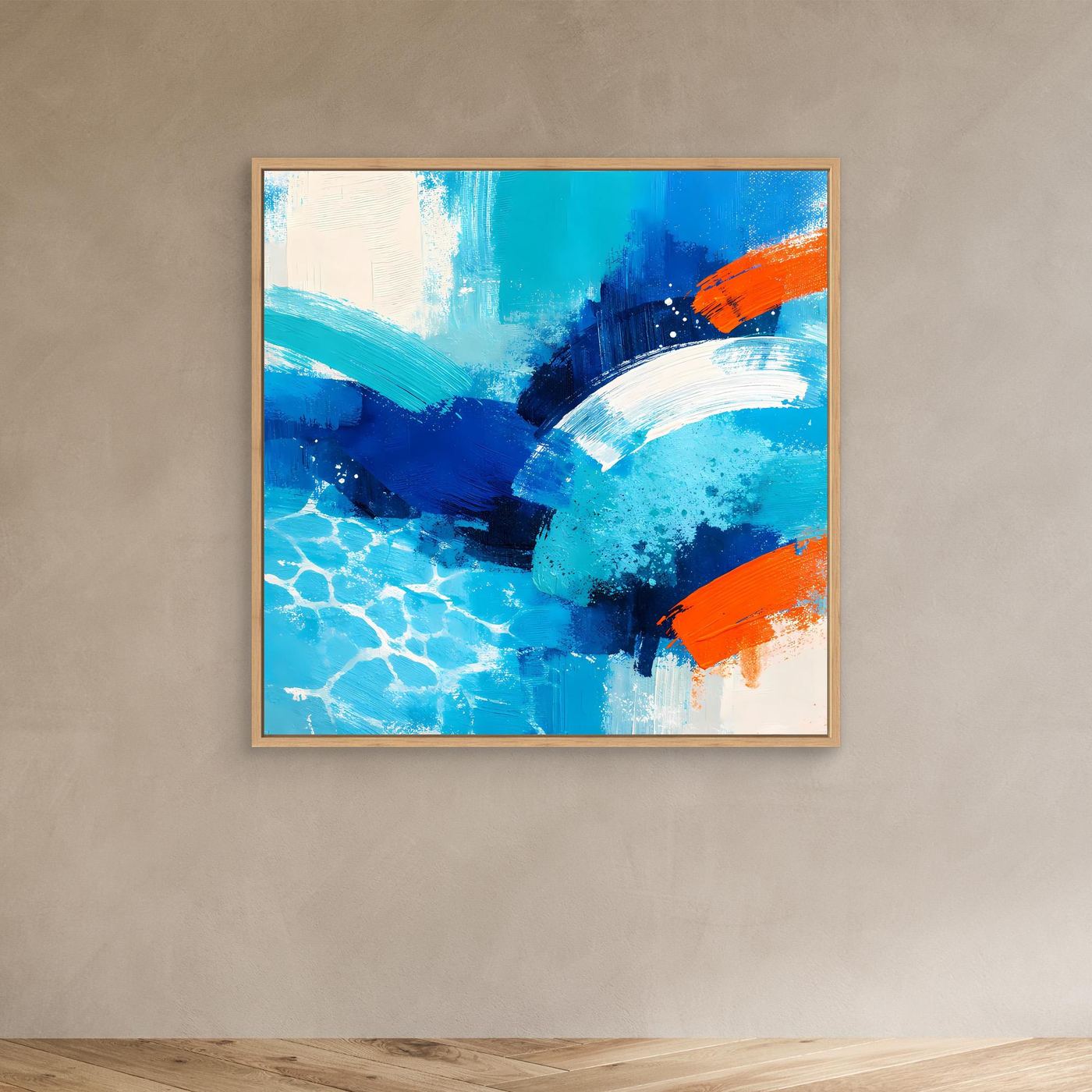 Small abstract sea wave canvas wall art in blue with orange accents, oak frame