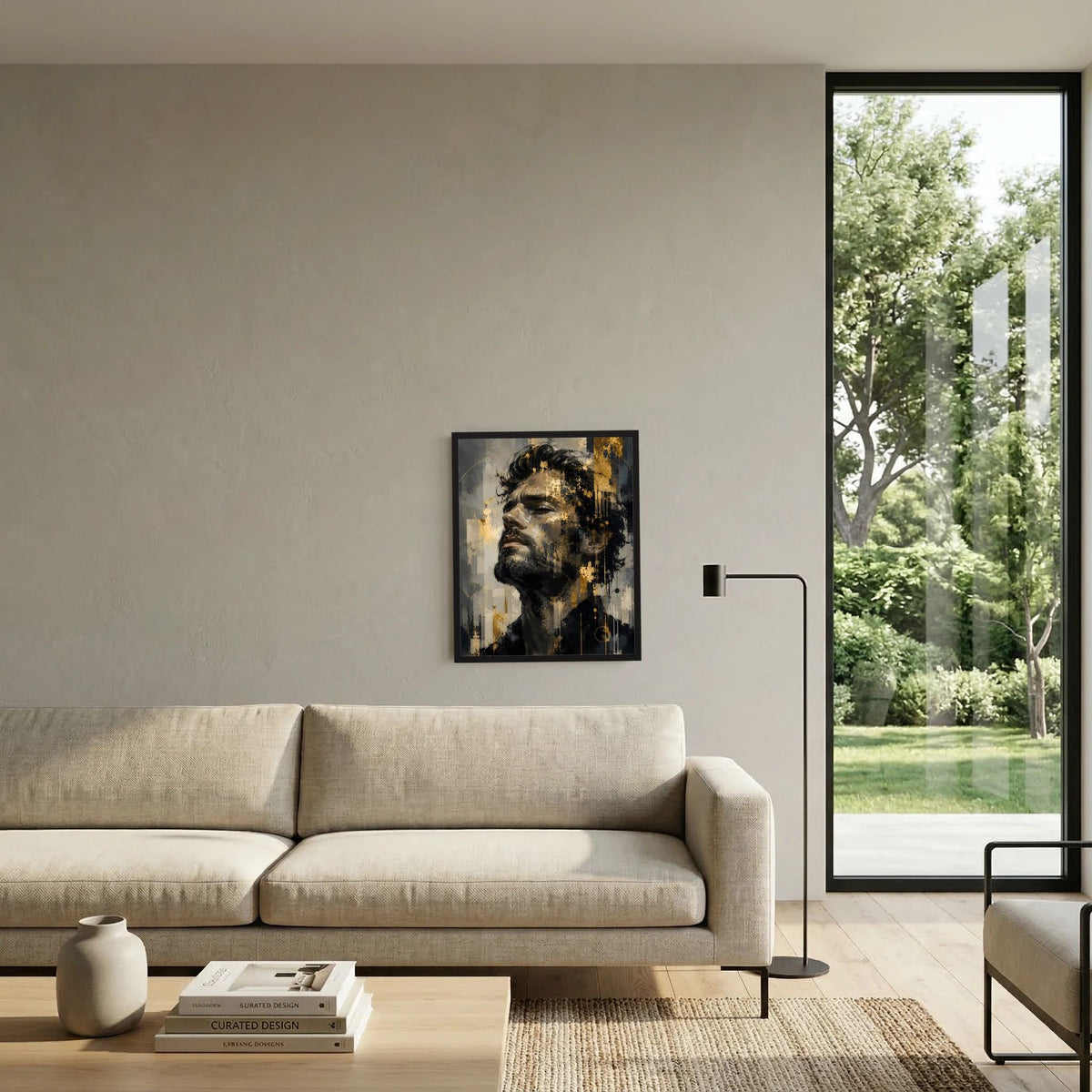 Gerahmtes abstraktes Männerkunstposter (Hochformat) mit Gesicht in Schwarz, Grau und Gold
