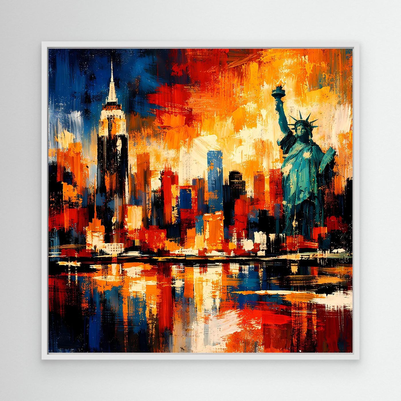 Leinwandbild abstrakte Skyline mit Freiheitsstatue im weißen Rahmen, rot-blau-gelb