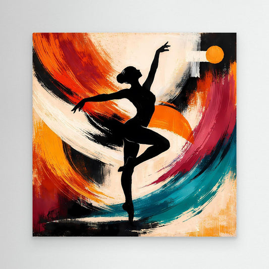Abstraktes Leinwandbild mit schwarzer Ballerina im Sprung, bunte Pinselwirbel, ohne Rahmen