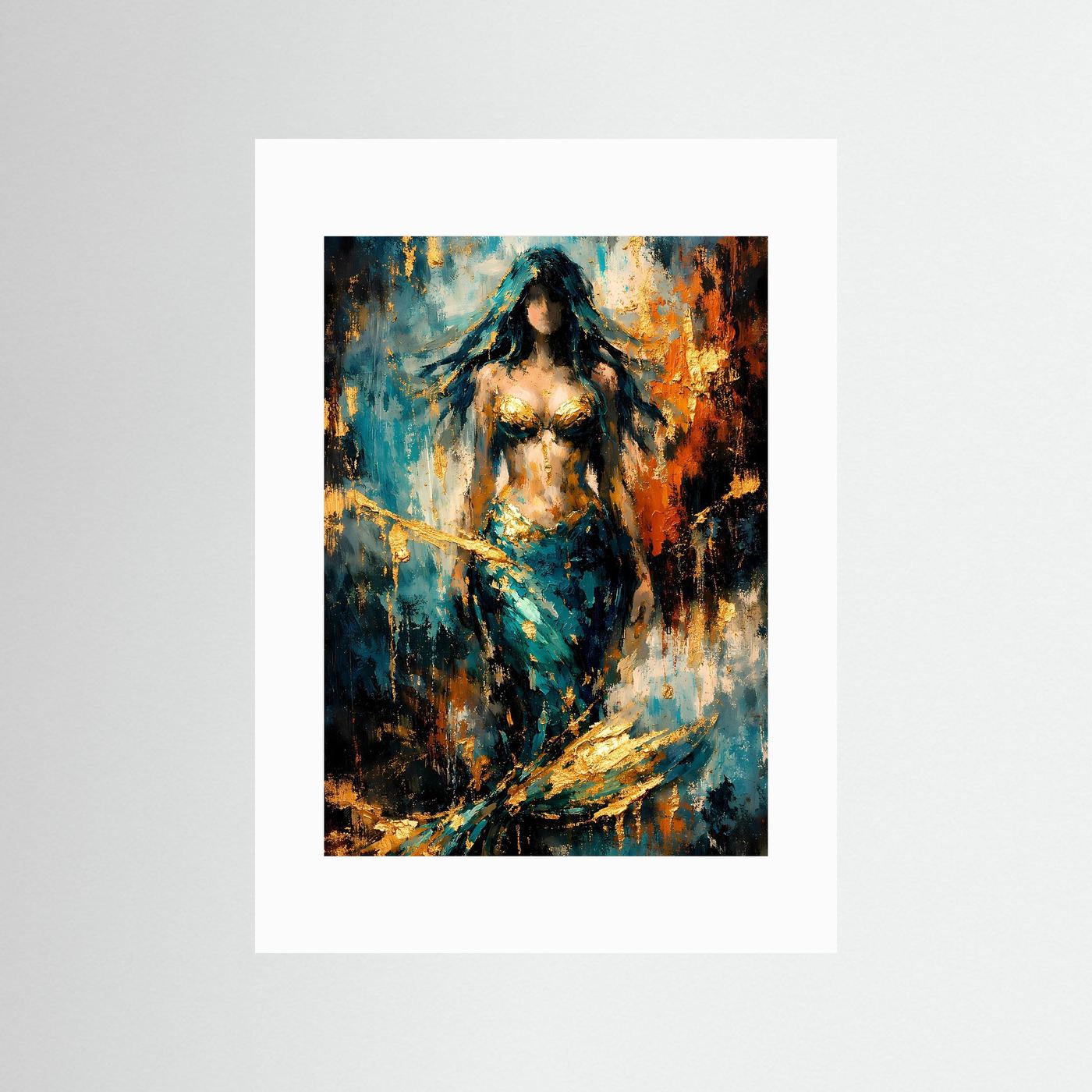 Abstraktes Nixen-Poster mit weißem Passepartout, Meergrün, Ocker und Gold, Hochformat.