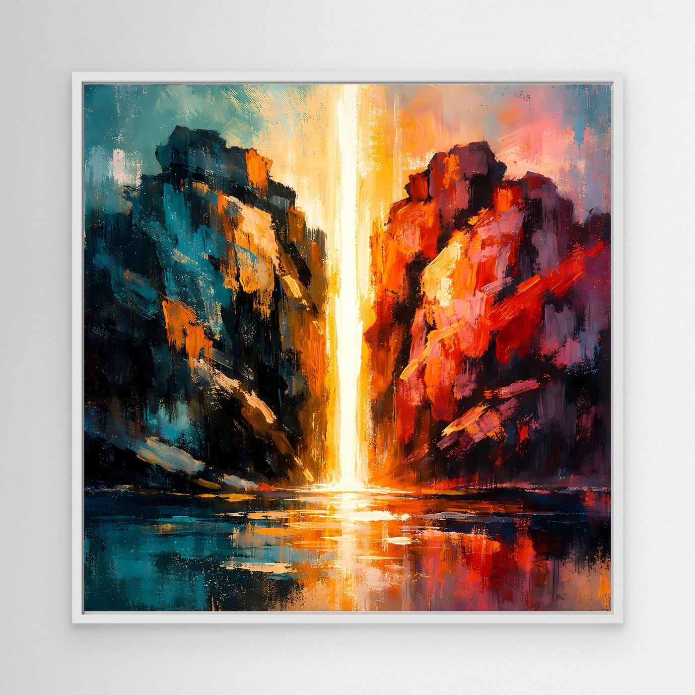 Premium Leinwand Magischer Lichtwasserfall im Canyon | Abstraktes Natur Wandbild farbenfroh