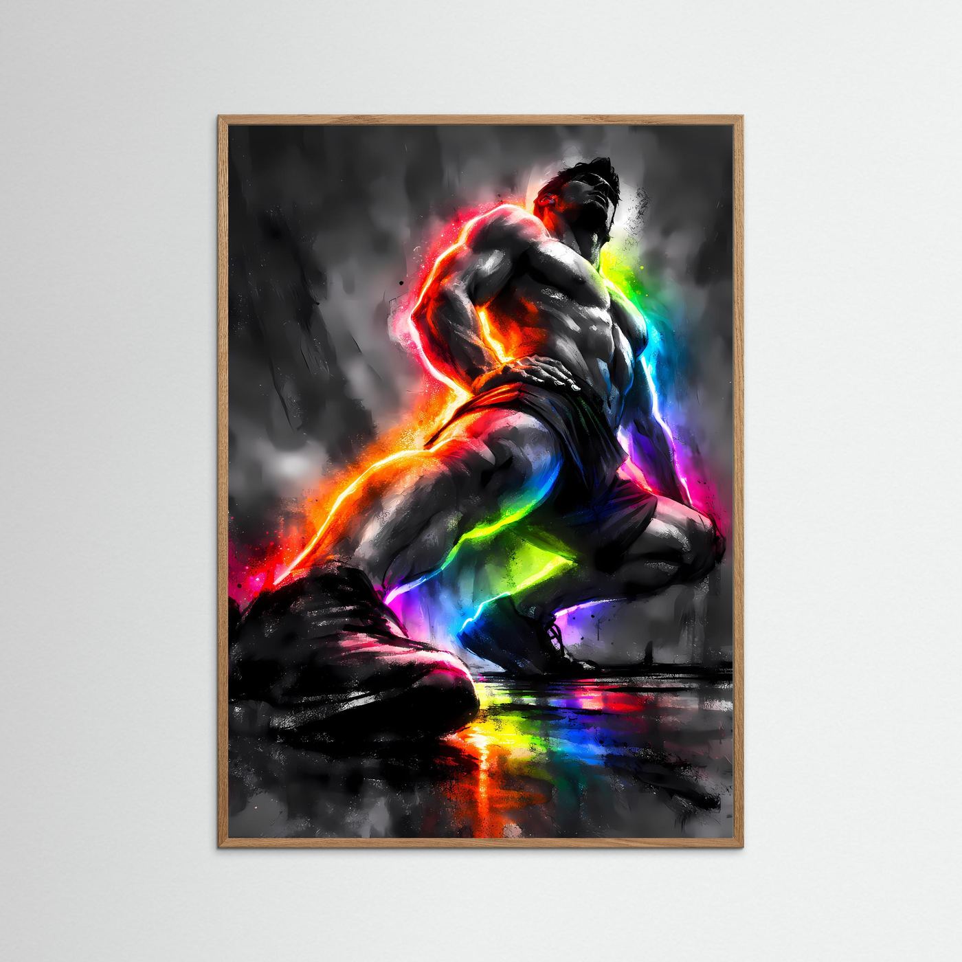 Pure Kraft & Energie | Abstraktes Fitness & Bodybuilding Poster in Regenbogen-Neonfarben | Modernes Kunstposter Hochformat