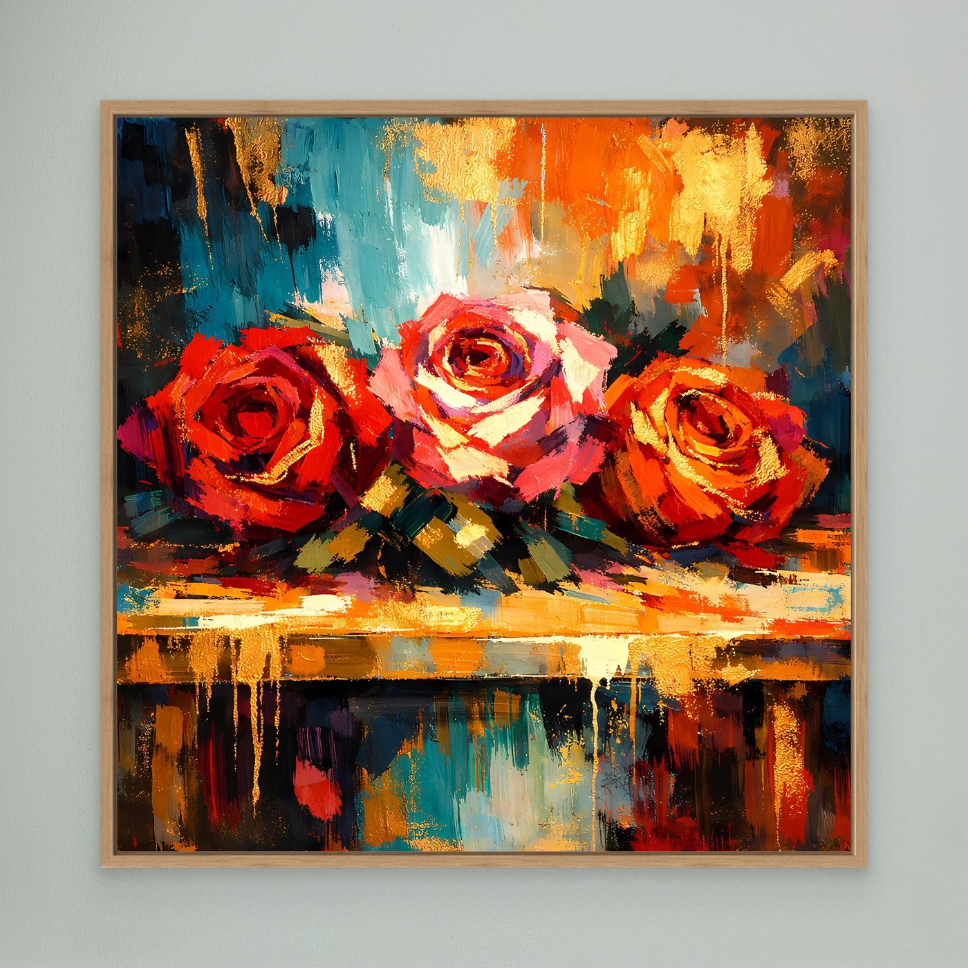 Abstraktes Rosen-Leinwandbild mit bunten Pinselstrichen, Holzrahmen