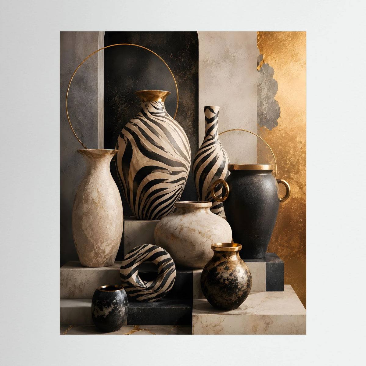 Poster mit Zebra-Vasen-Motiv: Keramik in Schwarz, Weiß und Gold, ohne Rahmen