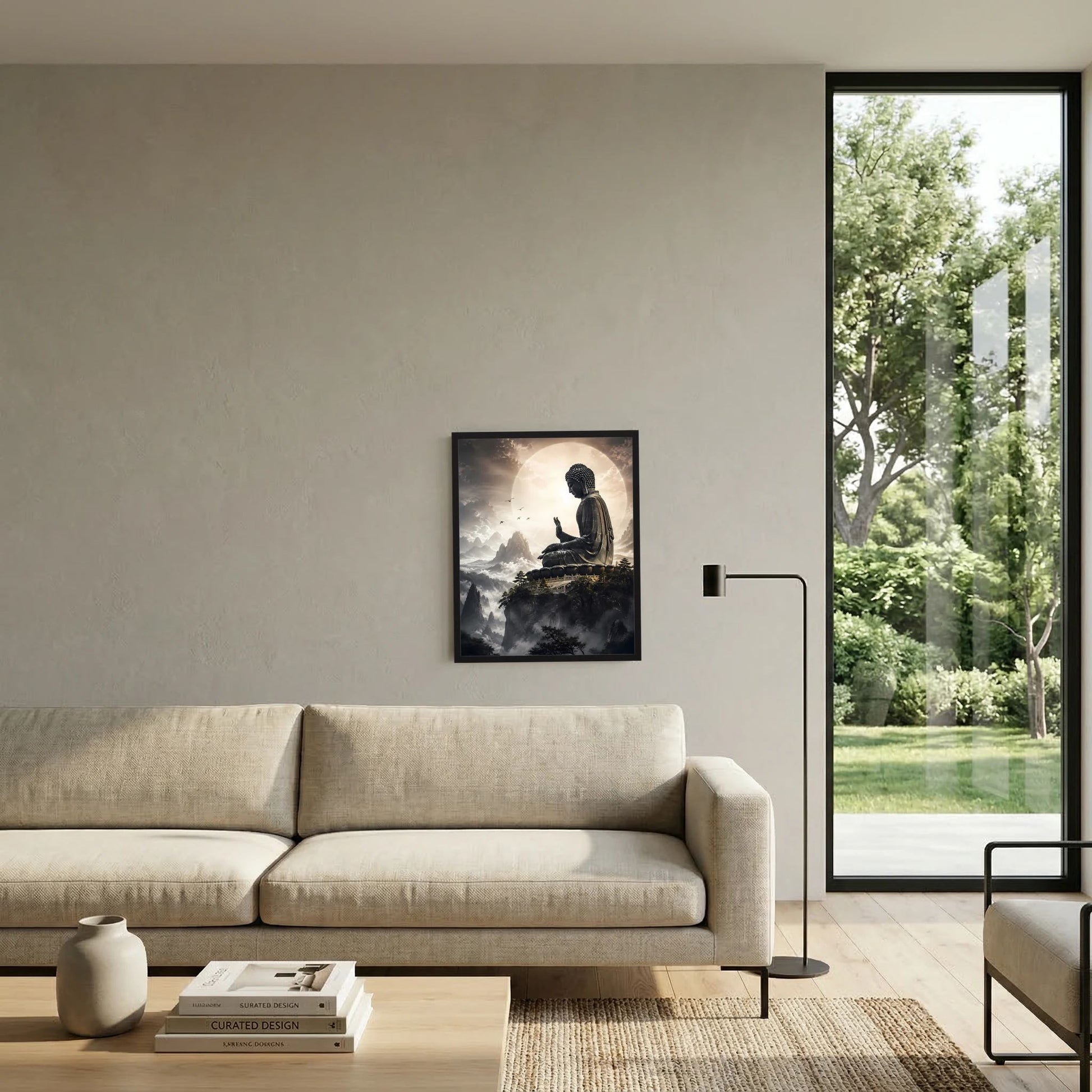 Wandposter im schwarzen Rahmen: sitzender Buddha über Berglandschaft und Wolken