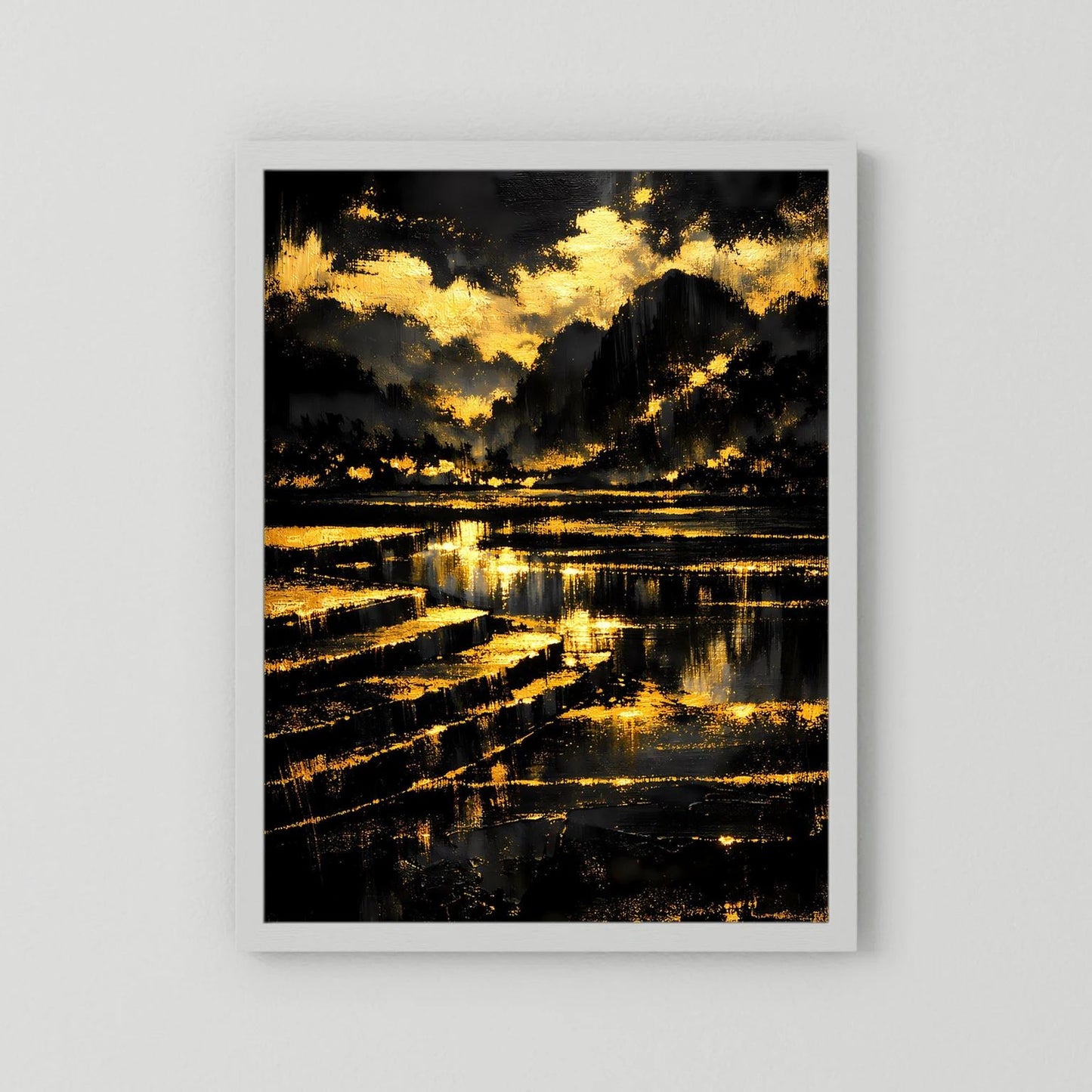 Wandbild-Poster: abstrakte Berglandschaft Schwarz/Gold im Hochformat mit weißem Passepartout