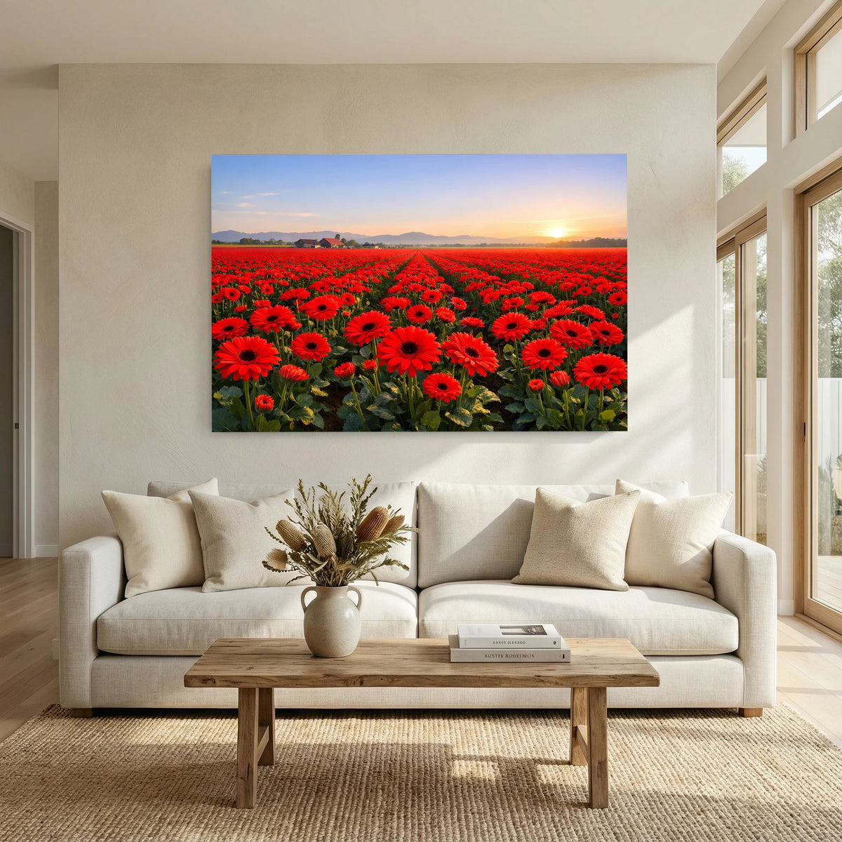 Wandposter mit rotem Blumenmeer und Sonnenaufgang über den Bergen, Querformat