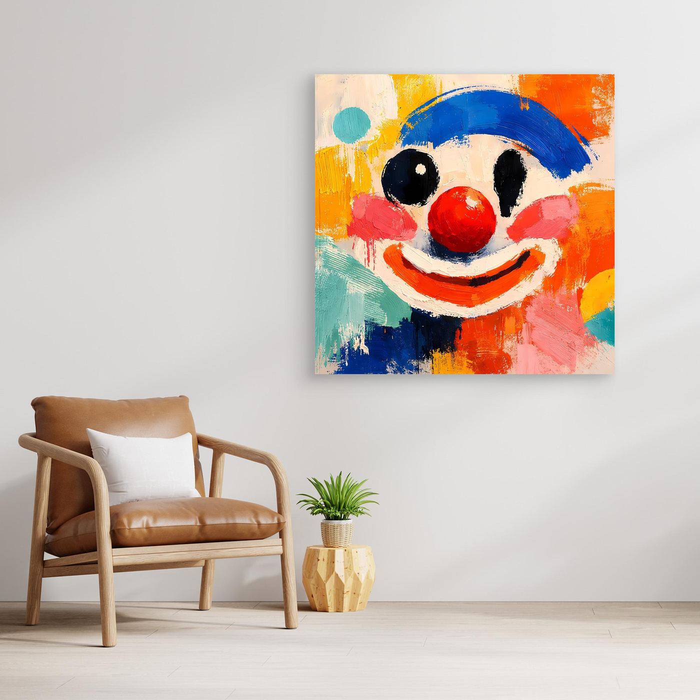 Abstraktes Leinwand-Wandbild mit Clown-Gesicht, bunte Pinselstriche