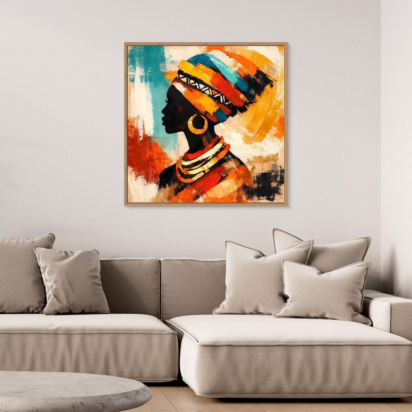 Framed abstract canvas wall art featuring a woman in side profile with bold teal and orange