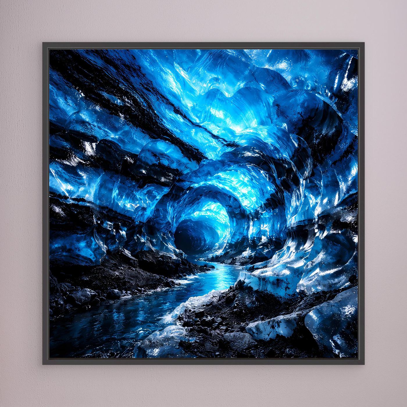 Leinwandbild Blaue Eishöhle mit dunkelgrauem Rahmen, abstrakte blaue Gletscherhöhle