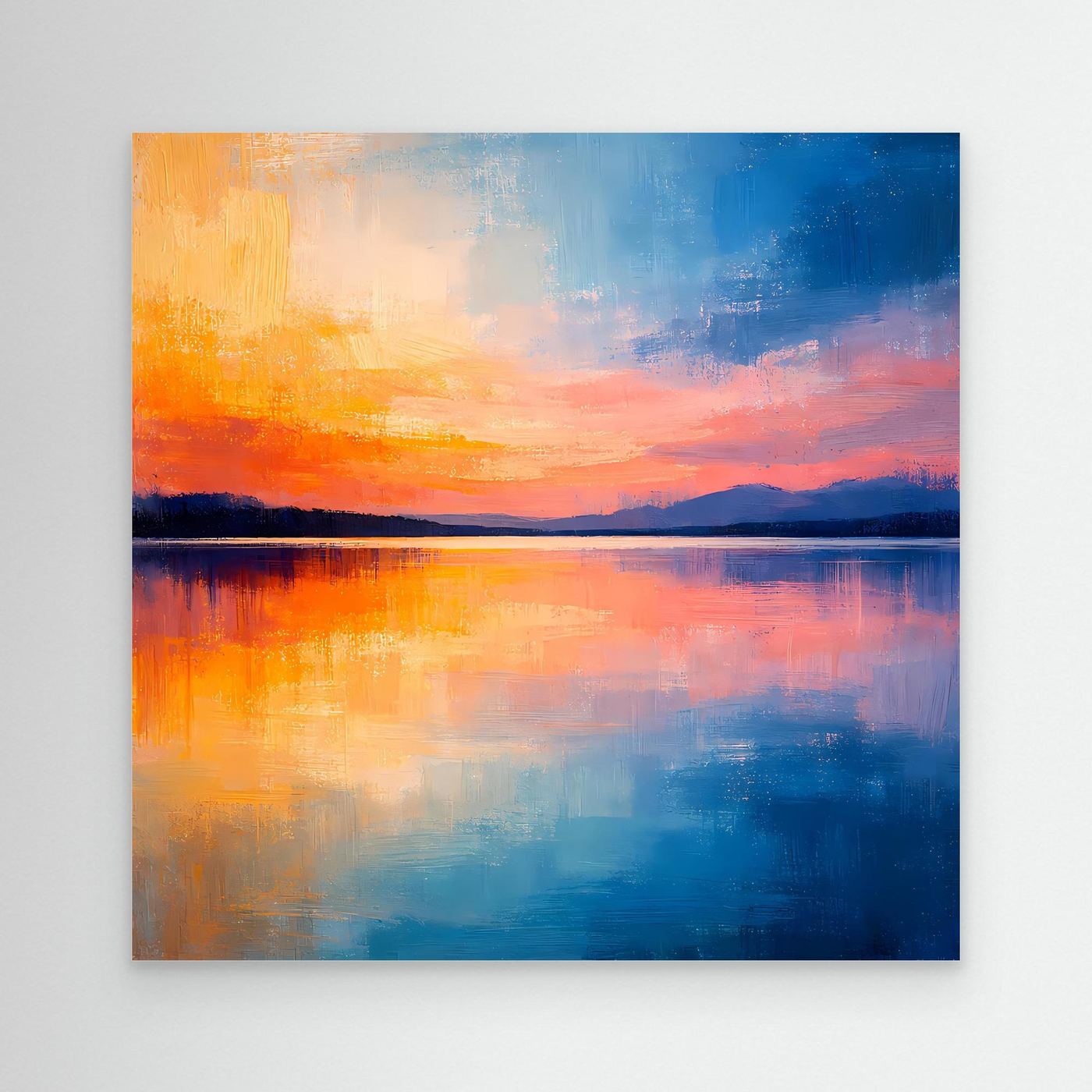 Abstraktes Wandbild auf Leinwand mit See-Spiegelung in Blau, Orange und Rosa
