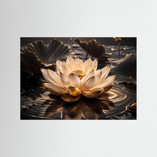 Poster mit goldener Lotosblüte im dunklen Wasser, schwarz gerahmt, Querformat