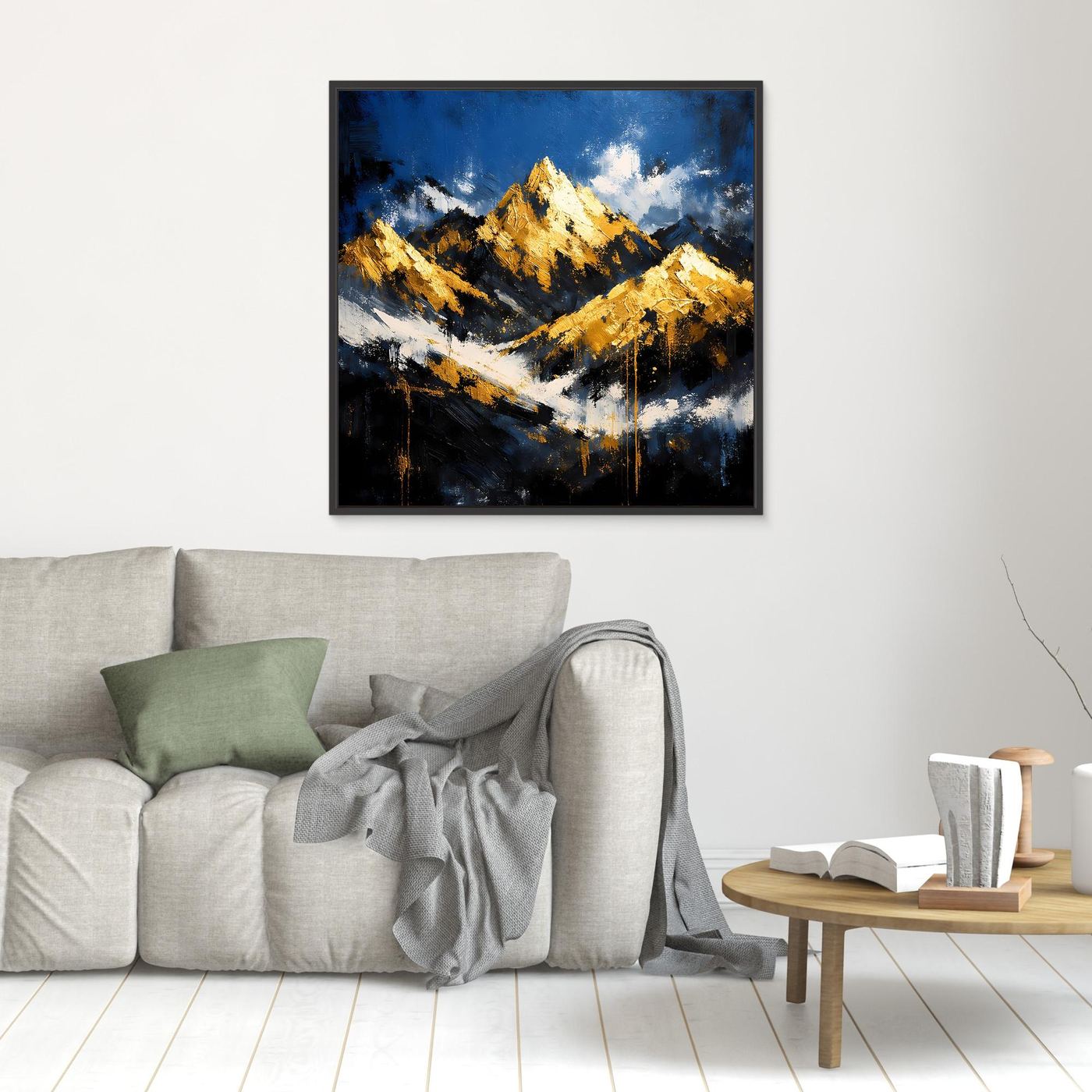 Leinwand Abstraktes Berggemälde in Blau und Gold | Modernes Berge Wandbild