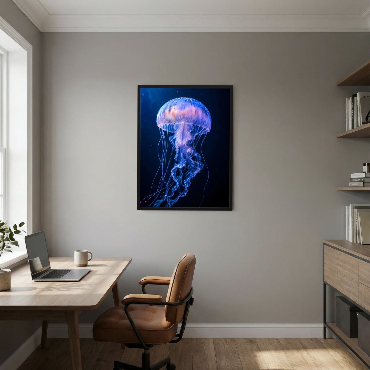Poster mit leuchtender Qualle in Blau-Violett, im schwarzen Rahmen