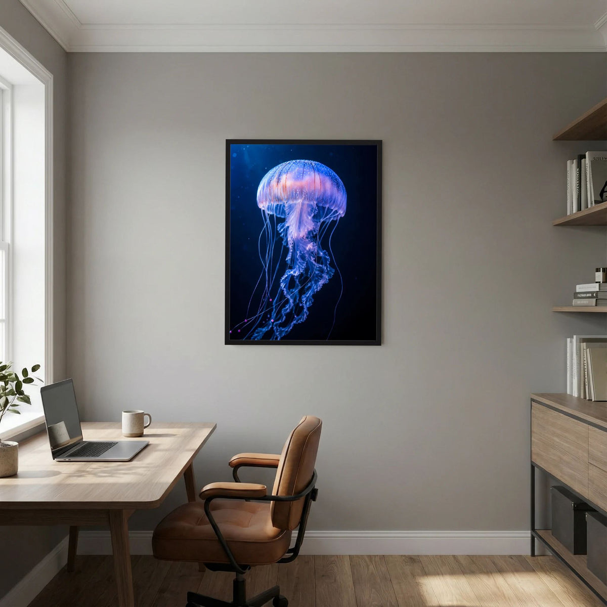 Poster mit leuchtender Qualle in Blau-Violett, im schwarzen Rahmen