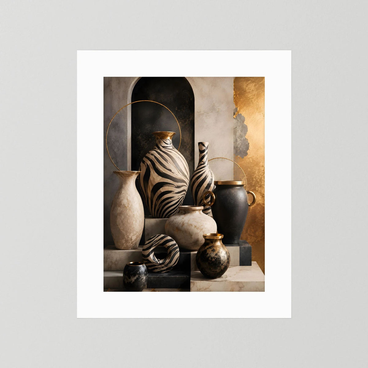 Poster im Hochformat: Zebra-Keramik-Stillleben, Schwarz-Gold, weißer Passepartout