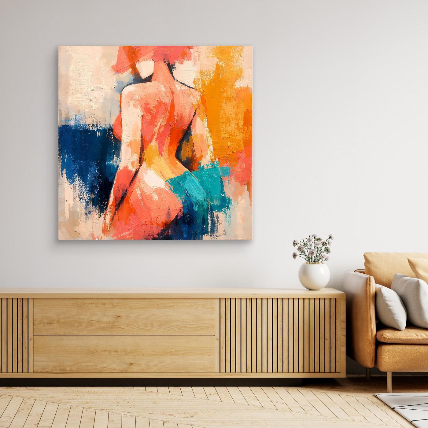 Canvas wall art print of abstract female back silhouette, wooden frame, warm orange and teal