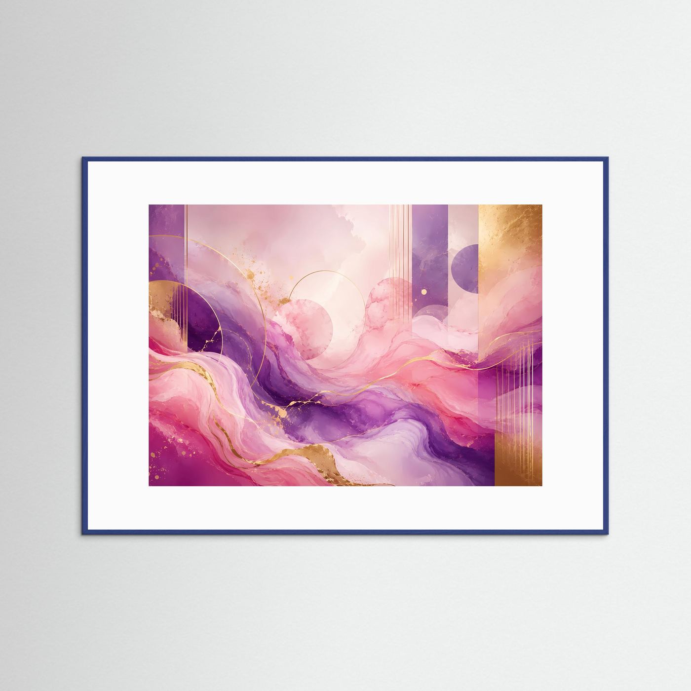 Gerahmtes Poster mit abstrakten Wellen in Pastellrosa und Violett, Goldakzenten, blaues Holzrahmenprofil