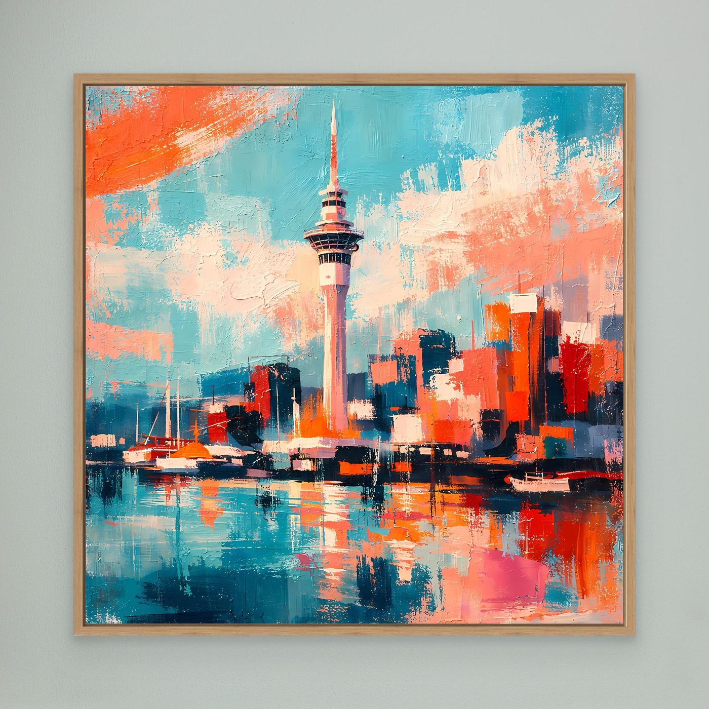 Abstraktes Leinwandbild mit Skyline und Turm in Blau-, Orange- und Rottönen, Eichenrahmen