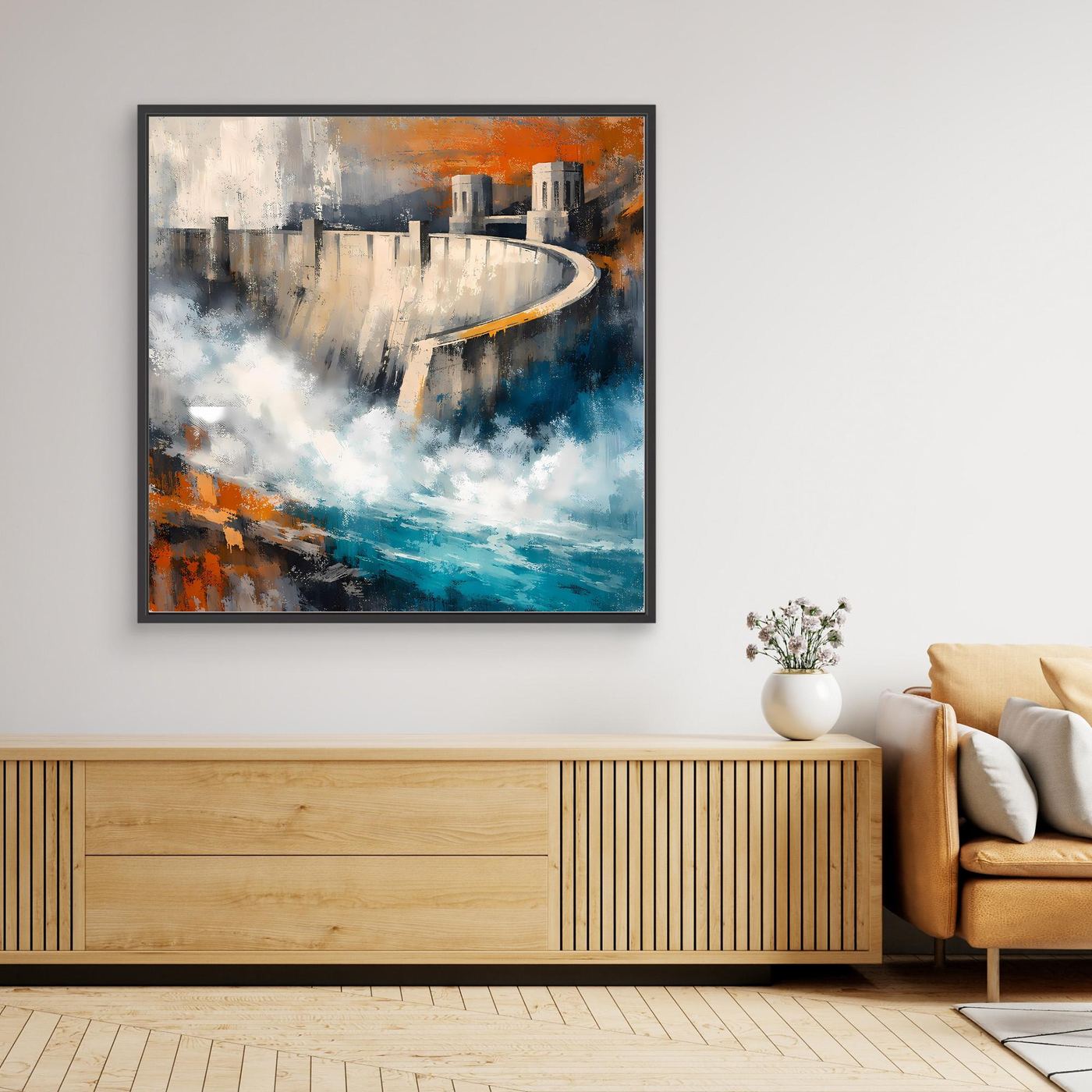 Gerahmtes abstraktes Leinwand-Wandbild mit Talsperre, blau-graue und orange Akzente, dunkel