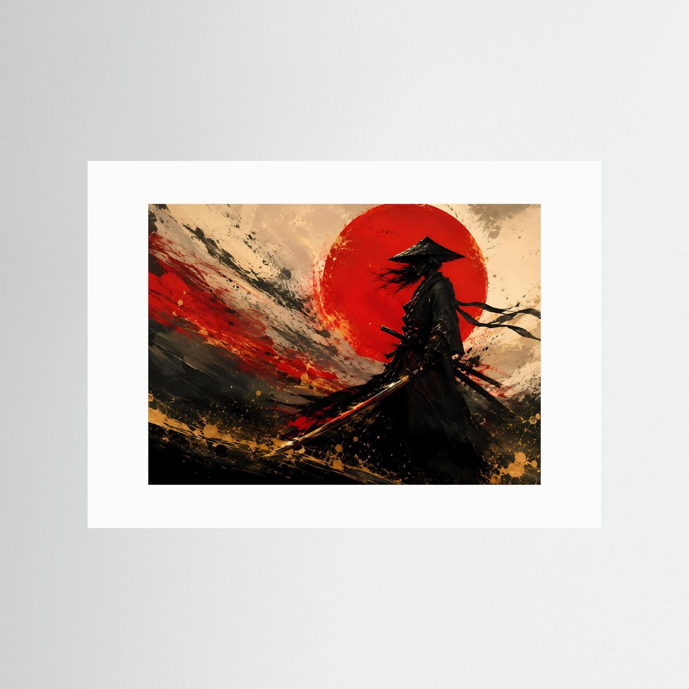 Samurai vor der Roten Sonne | Abstrakte Japanische Wandkunst in Schwarz, Gold & Rot