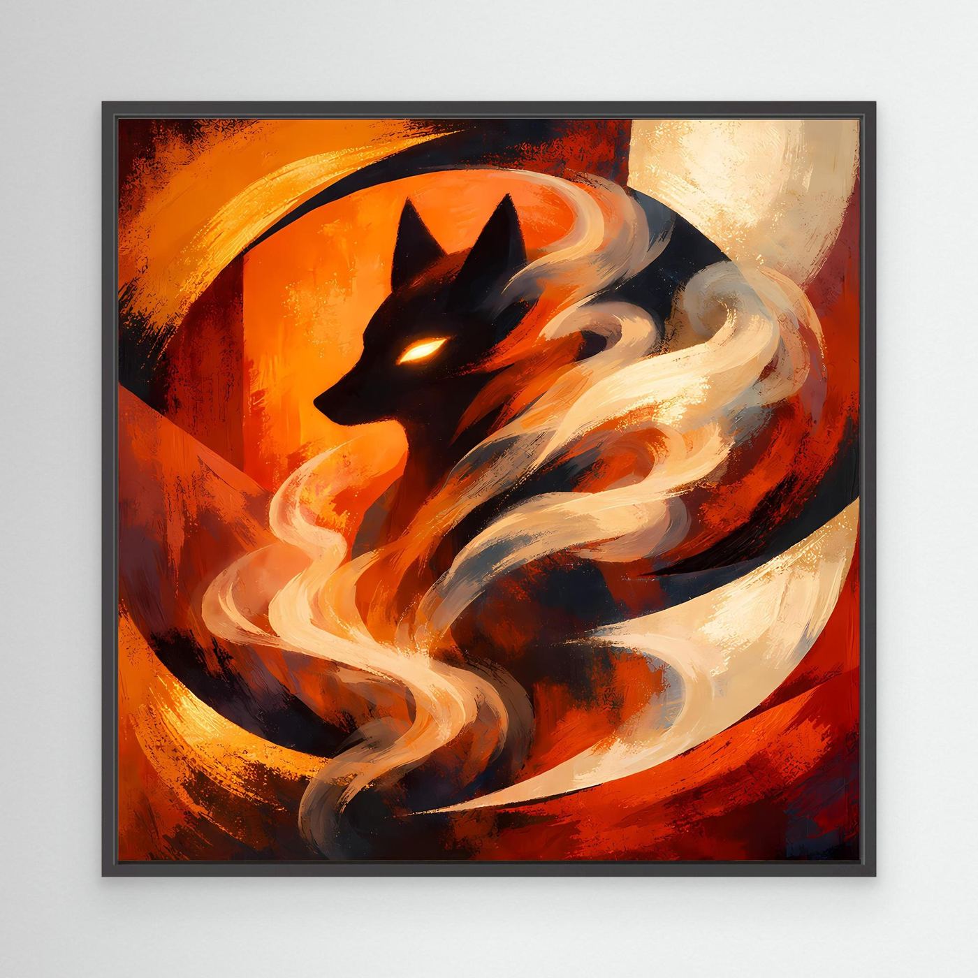 Leinwand-Wandbild mit schwarzem Wolfskopf und Feuernebel in Orange/Rot mit schwarzem Rahmen
