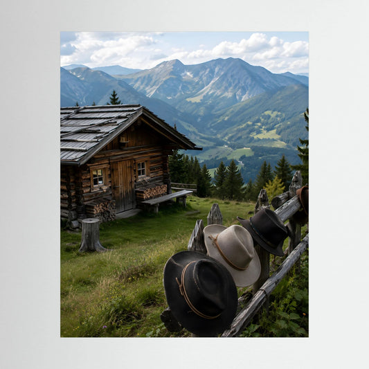 Hochformatiges Landschaftsposter mit Almhütte, Bergen und Hüten an einer Holzbank
