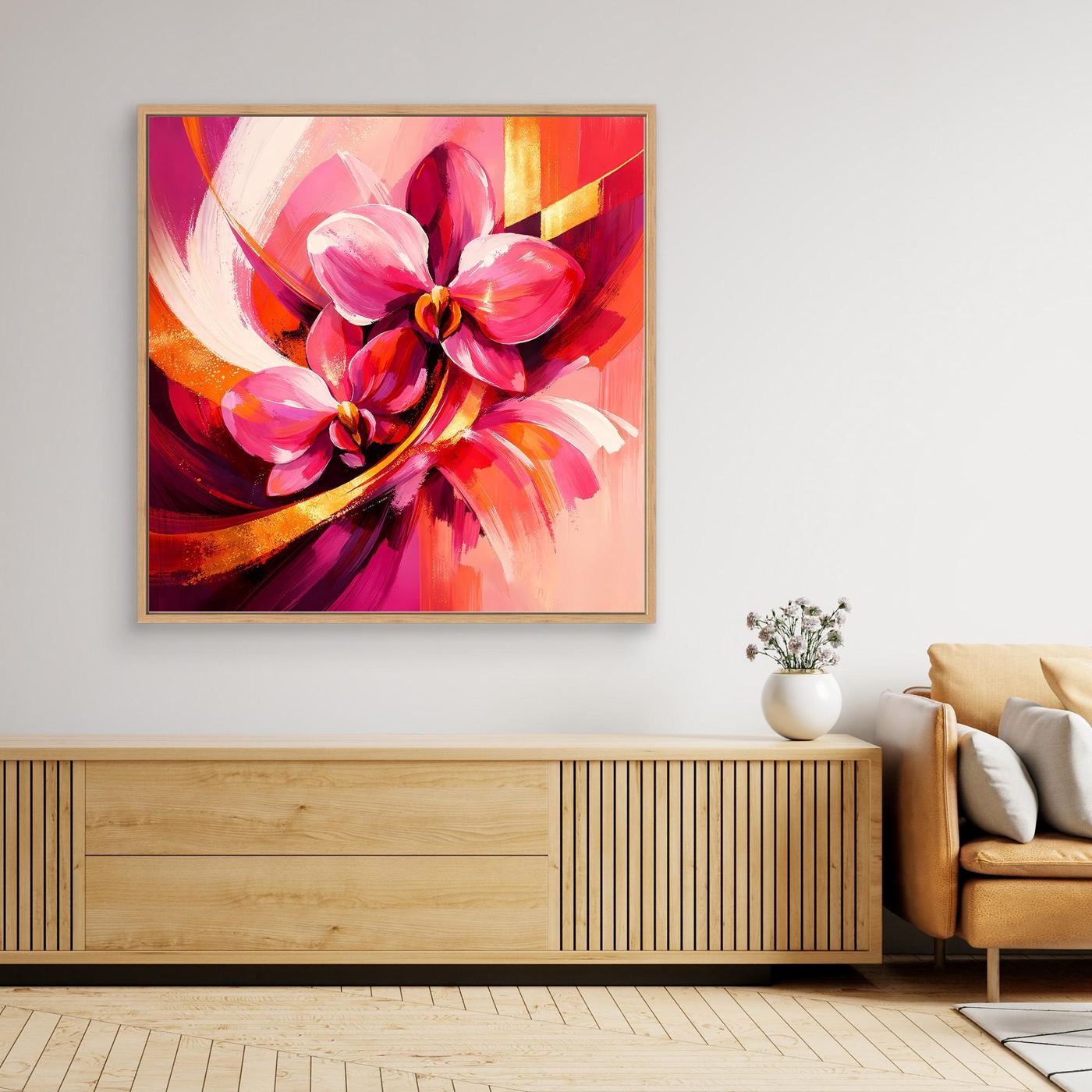 Gerahmtes Leinwandbild mit goldfarbenem Rahmen und abstrakter Orchidee in Pink-Rot