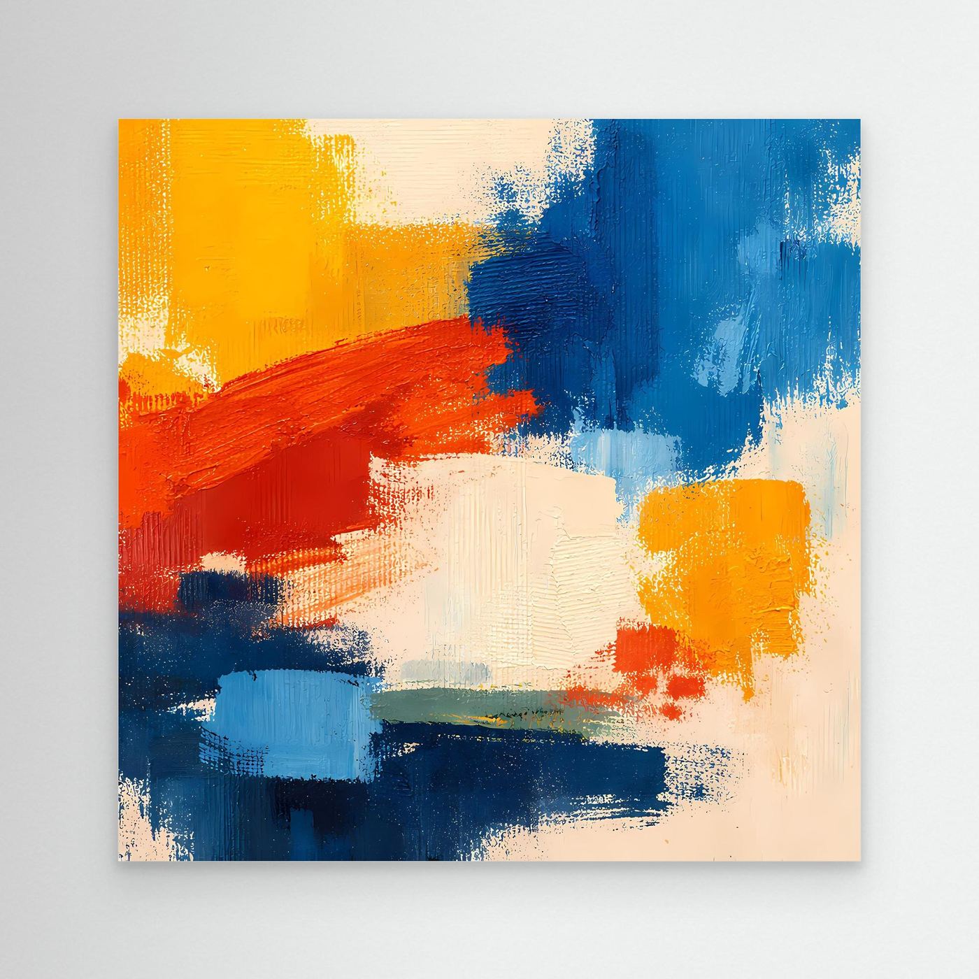 Close-up abstract canvas wall art with blue, yellow, red, and white paint textures