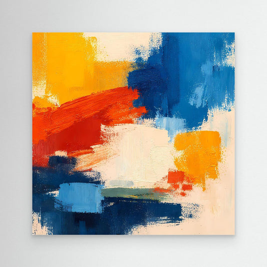 Close-up abstract canvas wall art with blue, yellow, red, and white paint textures