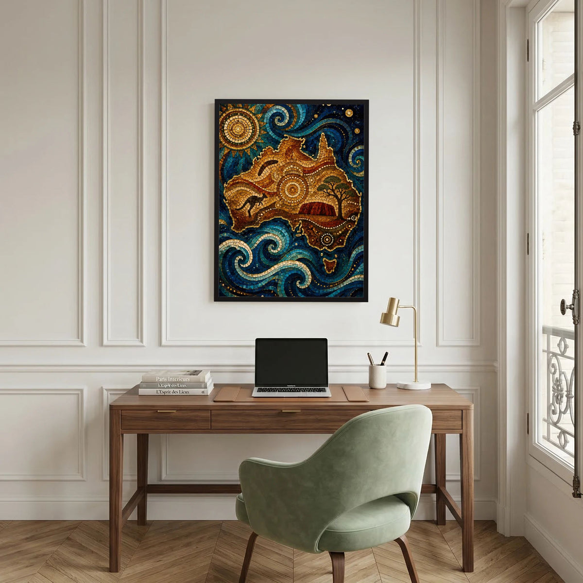 Rahmenkunst: Mosaik-Poster mit Känguru, Sonne und Wellenornamenten in Blau und Gold
