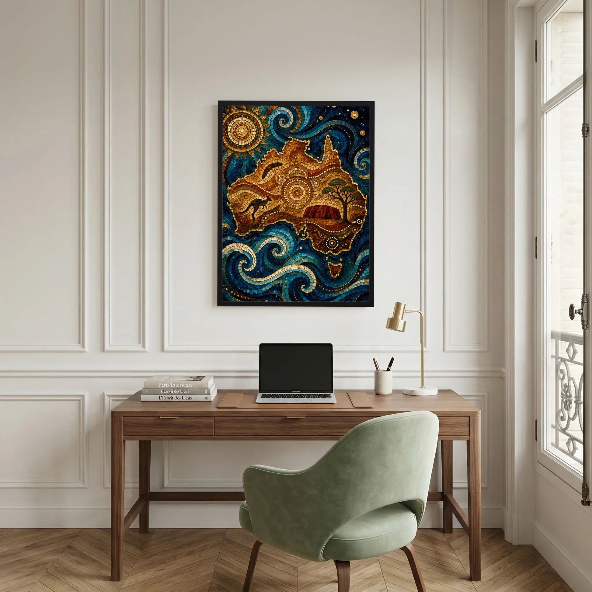 Rahmenkunst: Mosaik-Poster mit Känguru, Sonne und Wellenornamenten in Blau und Gold