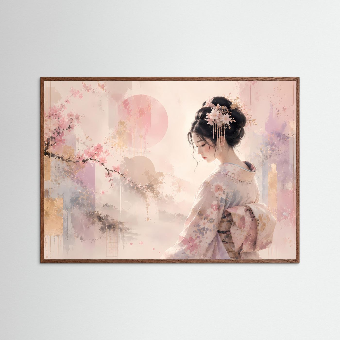 Japanische Geisha mit Kirschblüten | Elegante Pastell Kunst