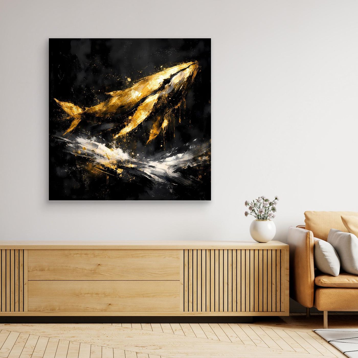 Leinwand Majestätischer Wal in Gold und Schwarz | Modernes Abstraktes Meeres Wandbild