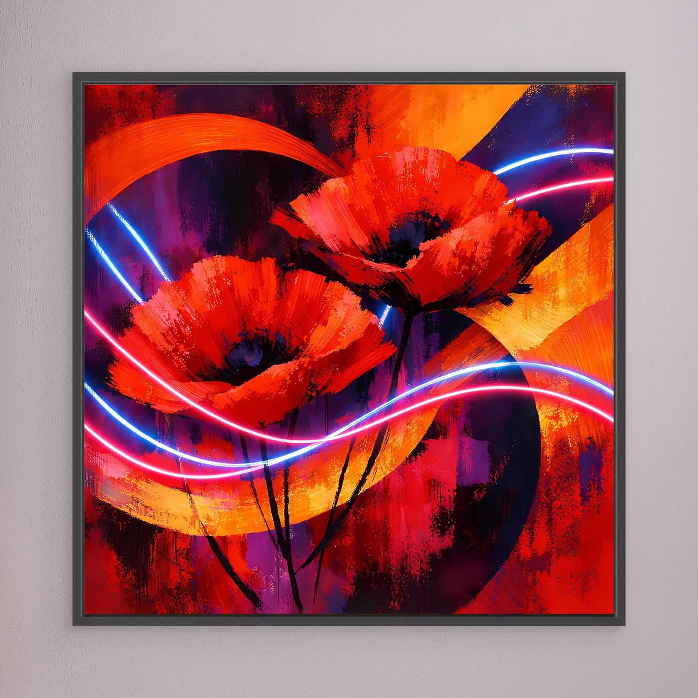 Leinwandbild mit abstrakten roten Mohnblumen und neonfarbenen Lichtbögen, zentrierte Darstellung