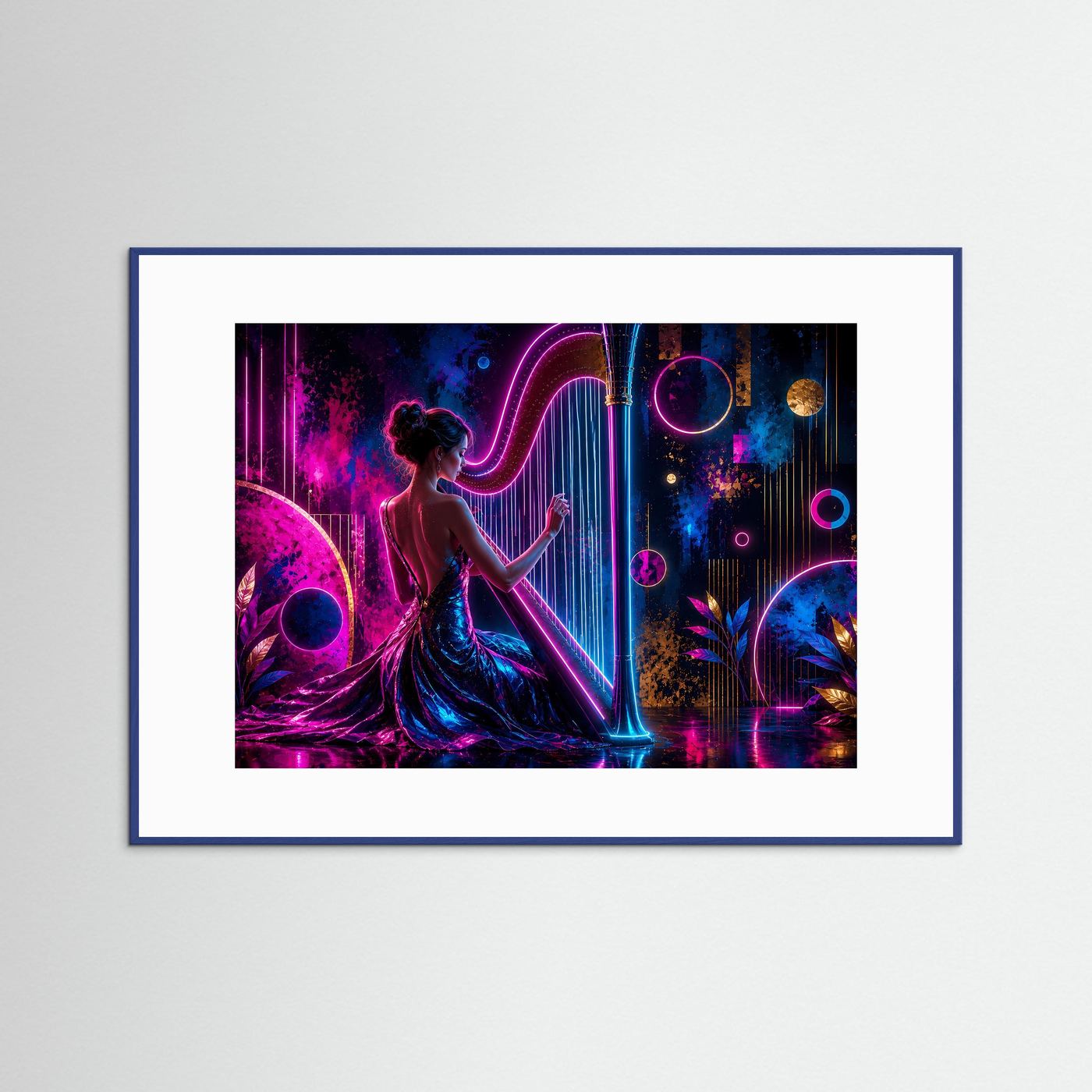 Harfenspielerin im Neonlicht | Moderne Musik Wandkunst in Pink & Blau