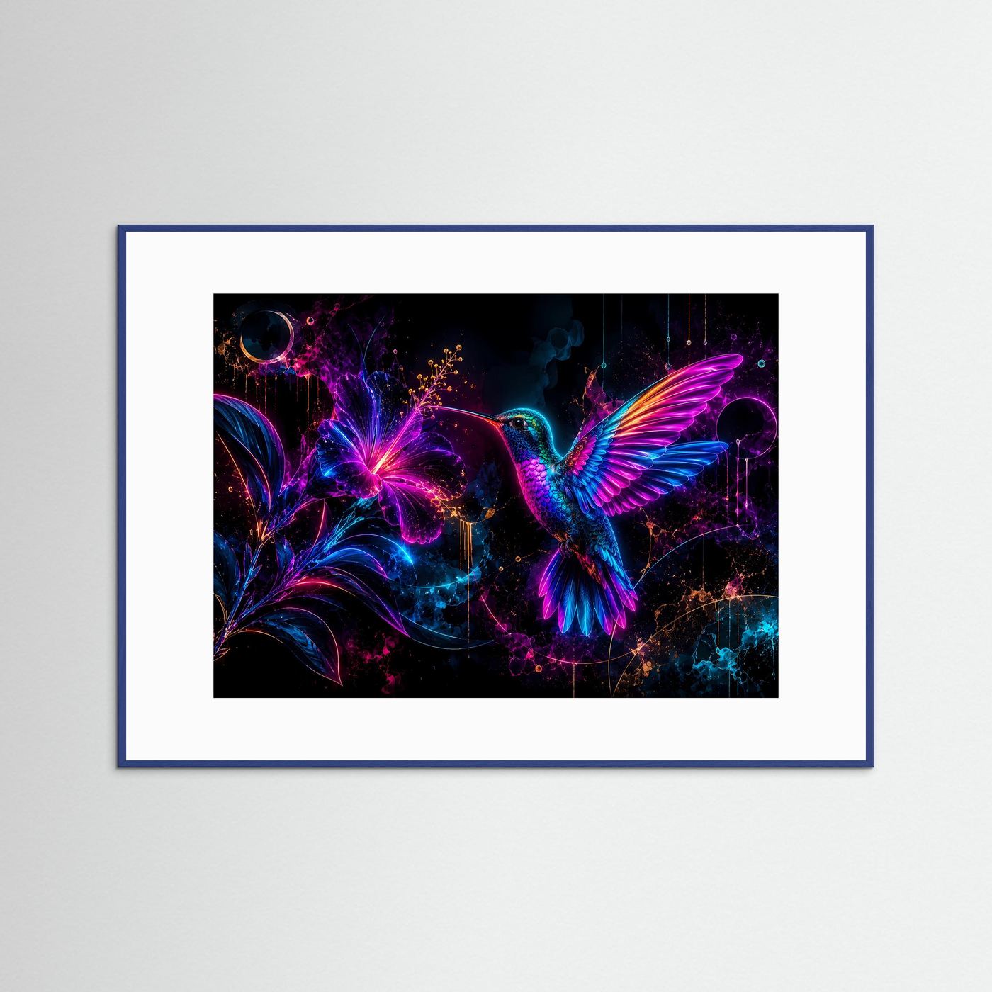 Neon-Kolibri mit Blüte | Futuristische Wandkunst in Pink, Blau & Violett
