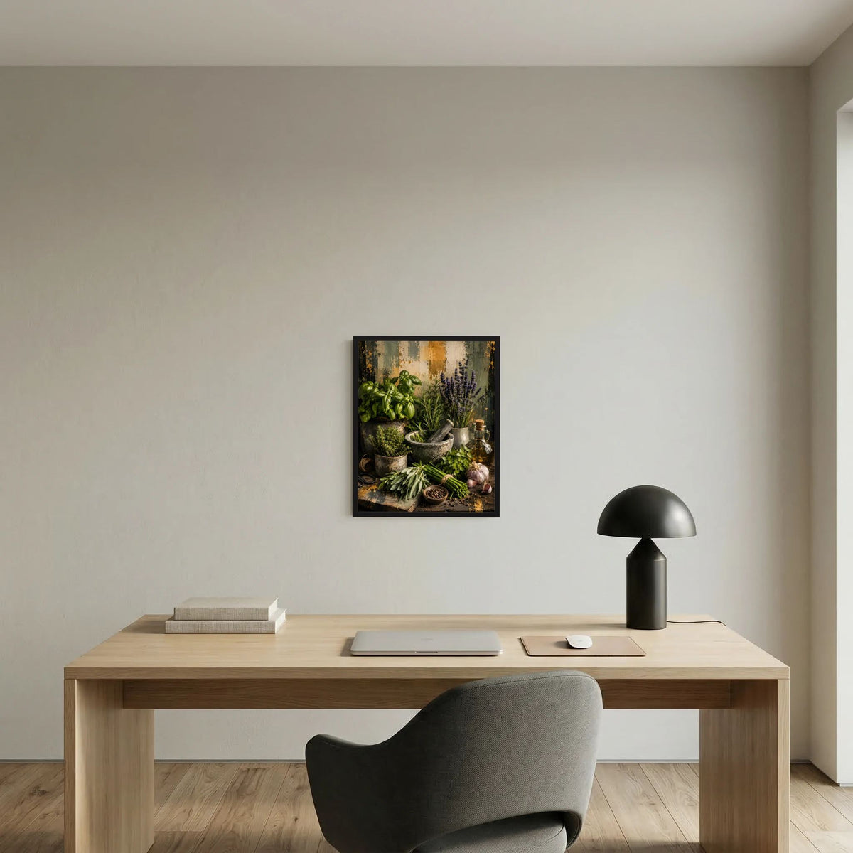 Küchenposter mit Kräuterstillleben, gerahmt: Basilikum, Lavendel und Kräuterarrangement