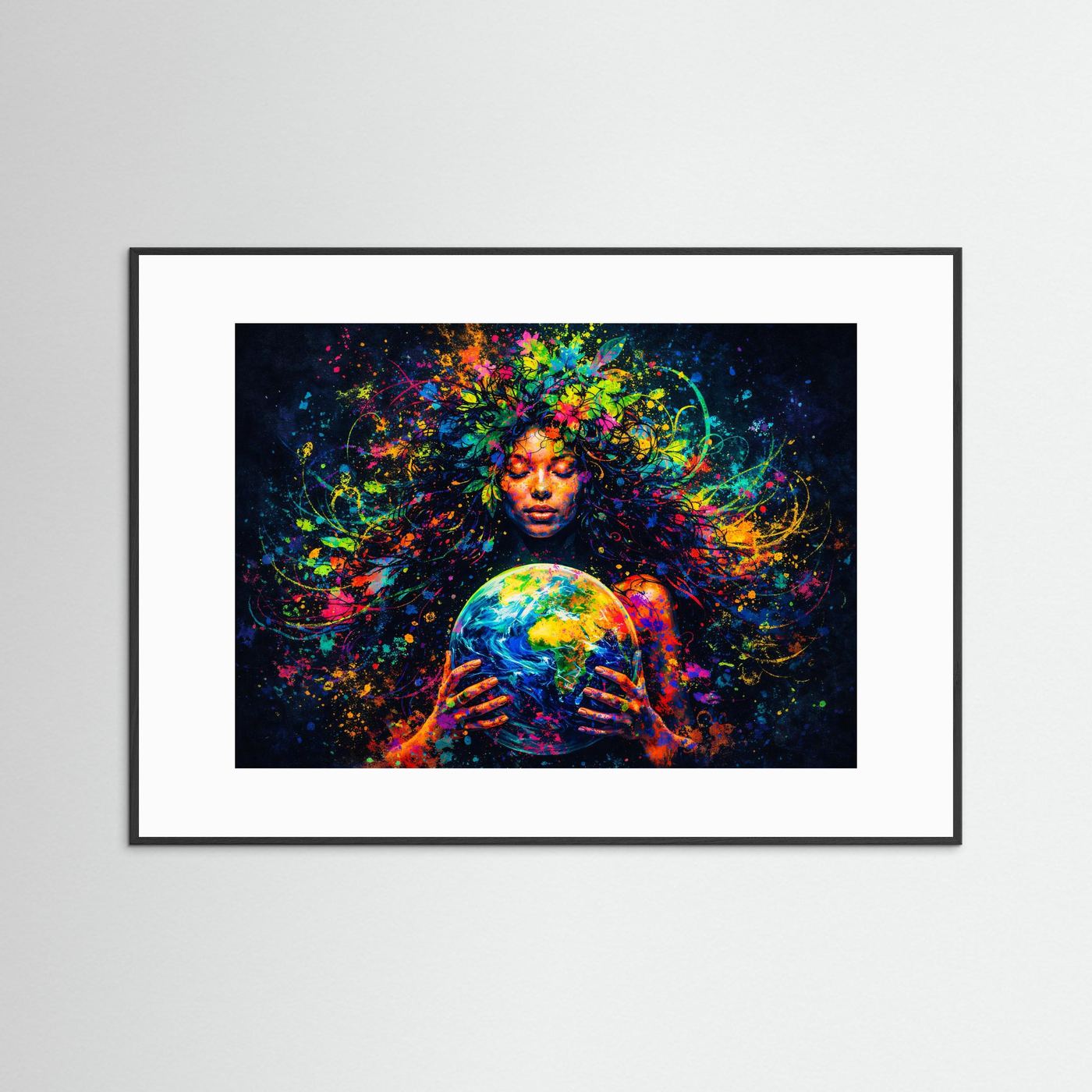Mutter Erde Kunstmotiv mit Globus | Buntes Natur Göttin Wandbild & Poster Querformat