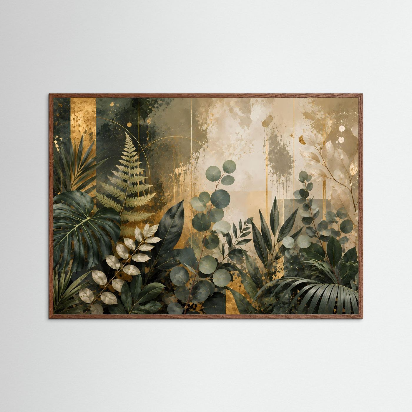 Poster im Querformat mit botanischen Blättern in Grün und Gold, in dunklem Holzrahmen