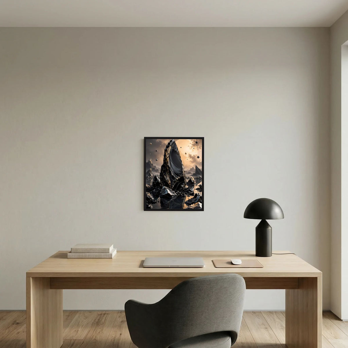 Wandbild im Rahmen: Hochformatposter mit schwarzem Obsidian-Monolith und warmen Goldtönen