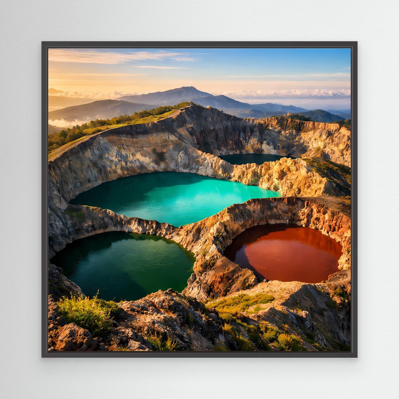 Leinwandbild: Vulkanlandschaft mit drei Kraterseen, im schwarzen Rahmen