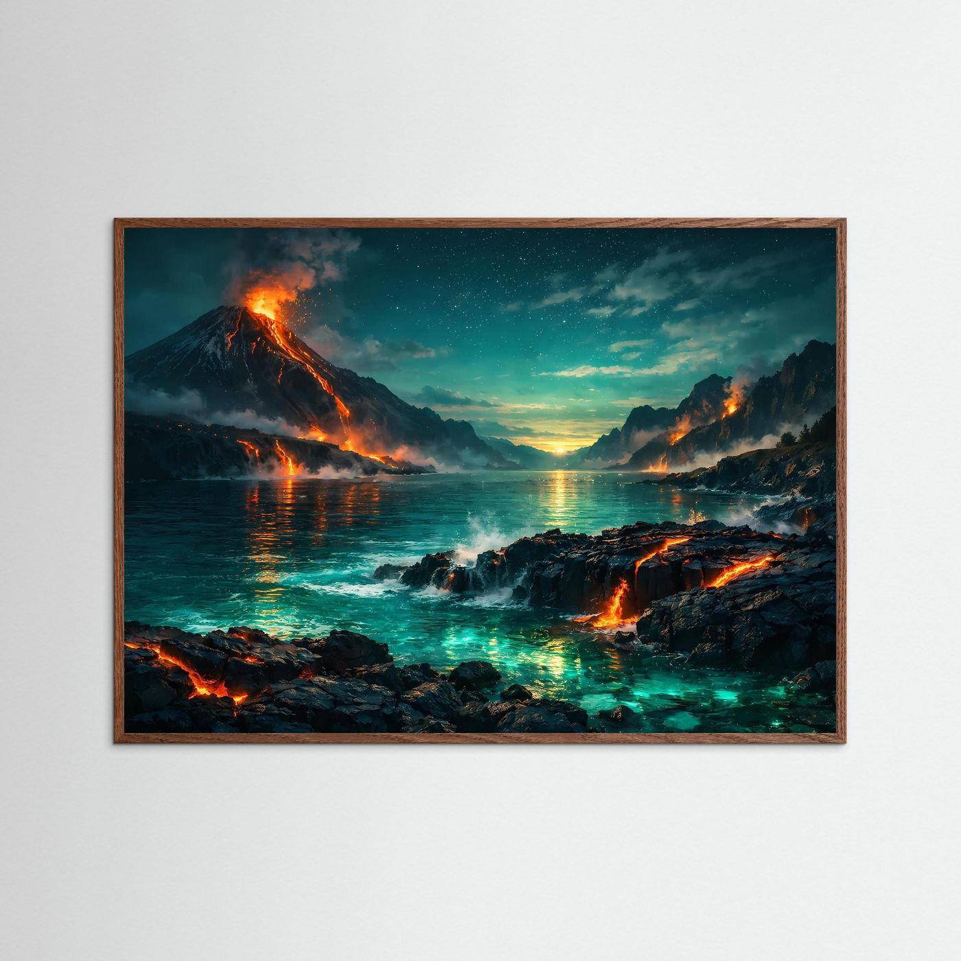 Wandbild Vulkanlandschaft am Meer, braun gerahmt