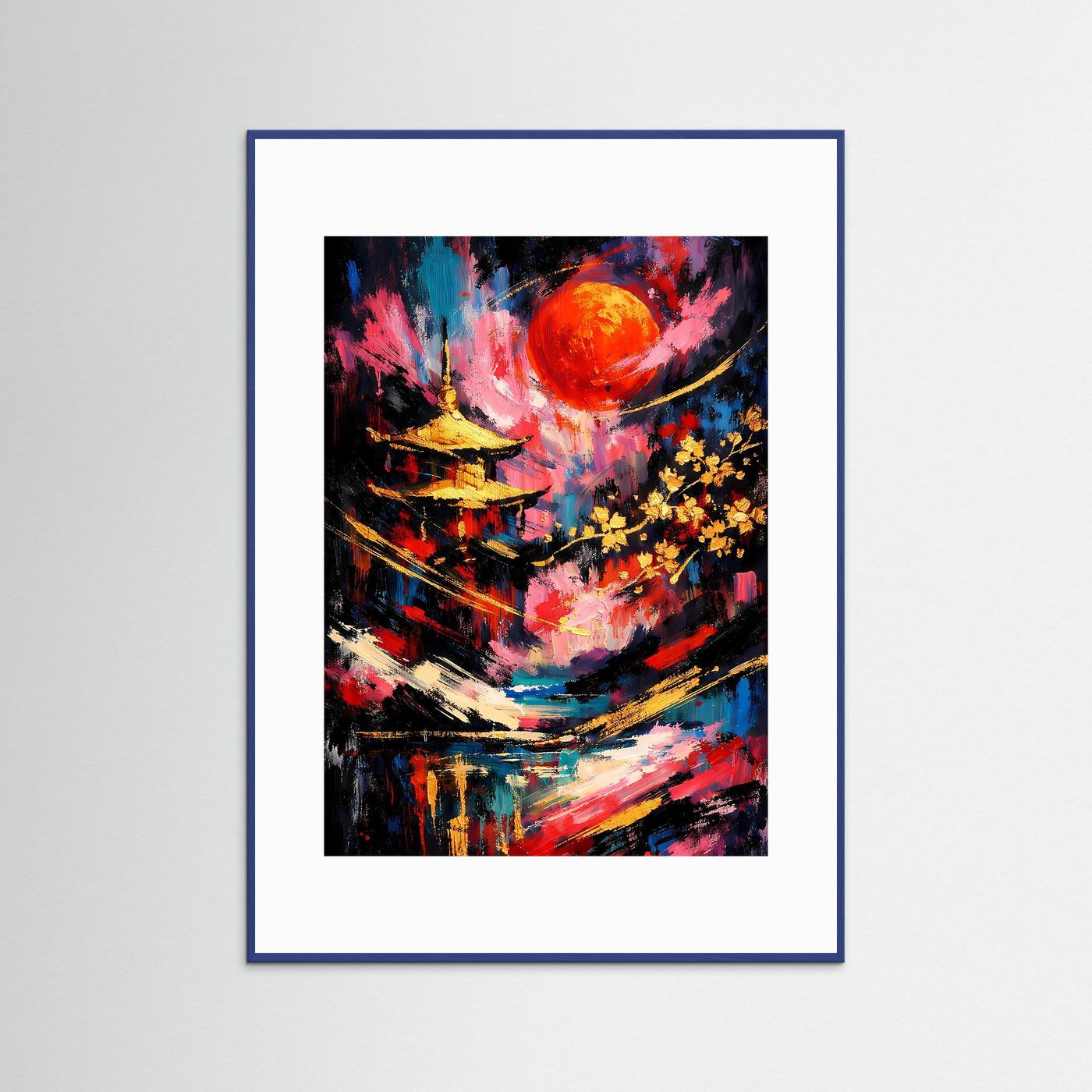 Abstraktes Pagodenposter mit roter Sonne, farbigen Pinselstrichen, blauem Rahmen